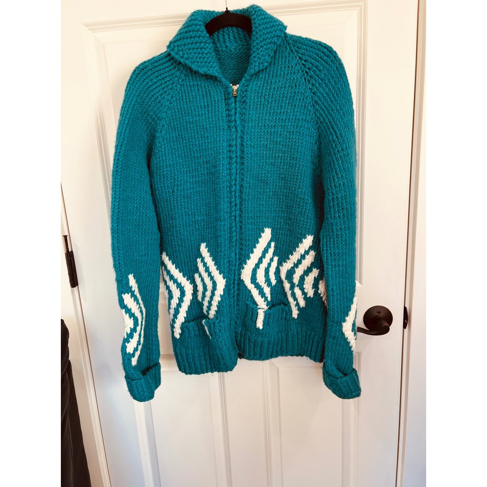 Vintage Cowichan Style Chunky Wool Handknit Zip Up Cardigan Sweater Teal S/M